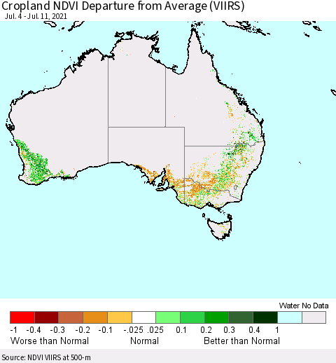 Australia Cropland NDVI Departure from Average (VIIRS) Thematic Map For 7/4/2021 - 7/11/2021