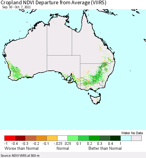 Australia Cropland NDVI Departure from Average (VIIRS) Thematic Map For 9/30/2021 - 10/7/2021