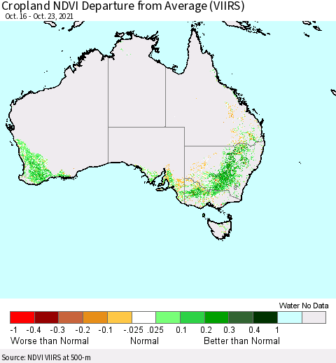 Australia Cropland NDVI Departure from Average (VIIRS) Thematic Map For 10/16/2021 - 10/23/2021