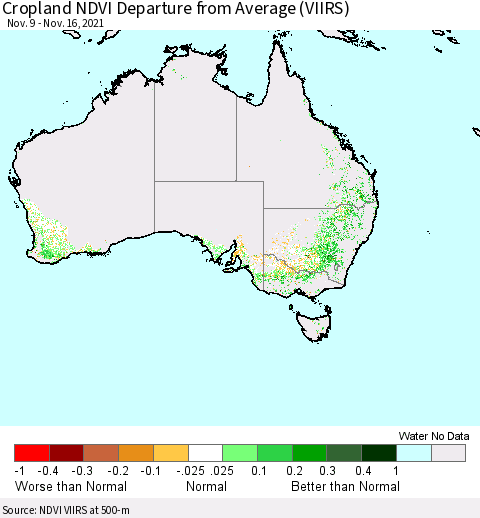 Australia Cropland NDVI Departure from Average (VIIRS) Thematic Map For 11/9/2021 - 11/16/2021