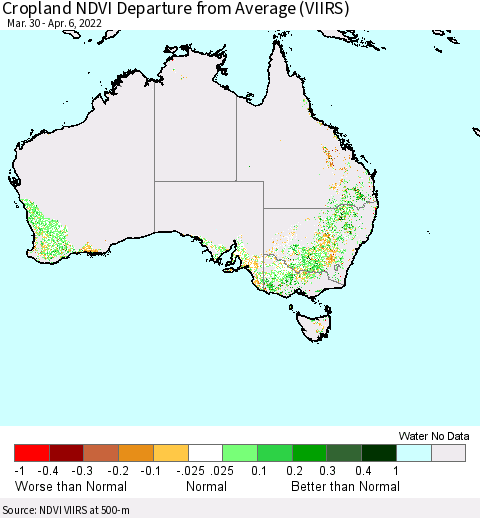 Australia Cropland NDVI Departure from Average (VIIRS) Thematic Map For 3/30/2022 - 4/6/2022