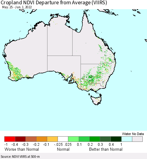 Australia Cropland NDVI Departure from Average (VIIRS) Thematic Map For 5/25/2022 - 6/1/2022