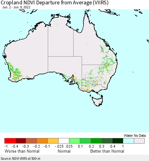 Australia Cropland NDVI Departure from Average (VIIRS) Thematic Map For 6/2/2022 - 6/9/2022