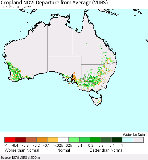 Australia Cropland NDVI Departure from Average (VIIRS) Thematic Map For 6/26/2022 - 7/3/2022
