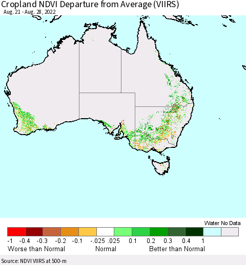 Australia Cropland NDVI Departure from Average (VIIRS) Thematic Map For 8/21/2022 - 8/28/2022