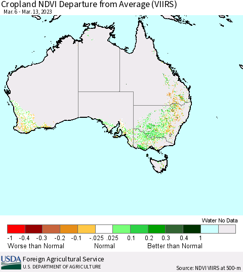 Australia Cropland NDVI Departure from Average (VIIRS) Thematic Map For 3/6/2023 - 3/13/2023