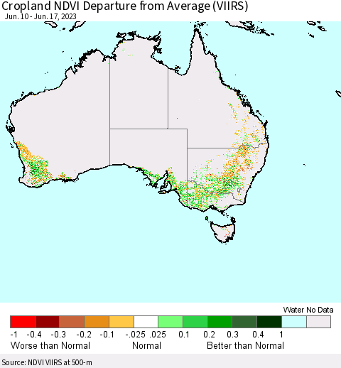 Australia Cropland NDVI Departure from Average (VIIRS) Thematic Map For 6/10/2023 - 6/17/2023