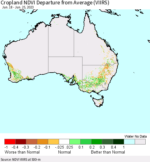 Australia Cropland NDVI Departure from Average (VIIRS) Thematic Map For 6/18/2023 - 6/25/2023