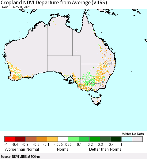 Australia Cropland NDVI Departure from Average (VIIRS) Thematic Map For 11/1/2023 - 11/8/2023