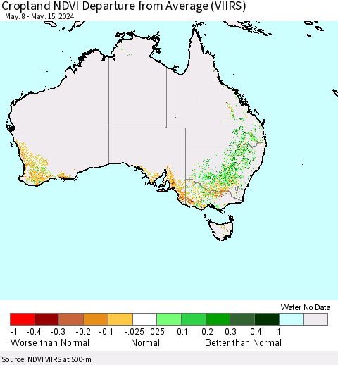 Australia Cropland NDVI Departure from Average (VIIRS) Thematic Map For 5/8/2024 - 5/15/2024