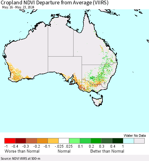 Australia Cropland NDVI Departure from Average (VIIRS) Thematic Map For 5/16/2024 - 5/23/2024