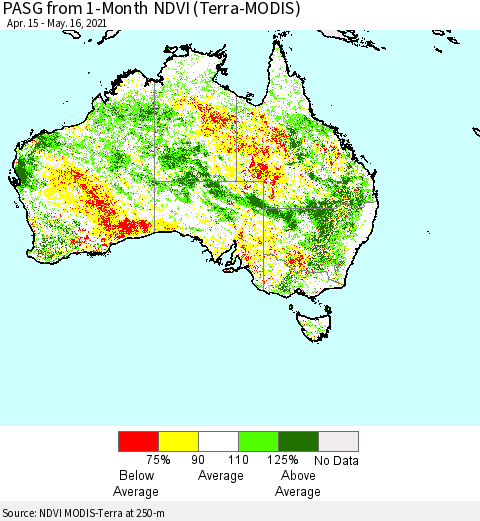 Australia PASG from 1-Month NDVI (Terra-MODIS) Thematic Map For 5/9/2021 - 5/16/2021