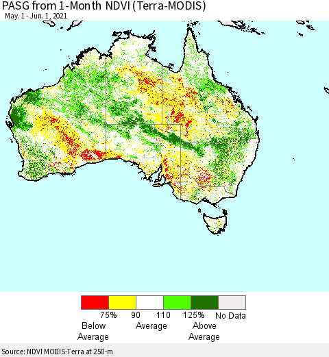 Australia PASG from 1-Month NDVI (Terra-MODIS) Thematic Map For 5/25/2021 - 6/1/2021