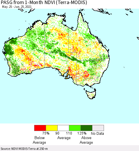 Australia PASG from 1-Month NDVI (Terra-MODIS) Thematic Map For 6/18/2021 - 6/25/2021