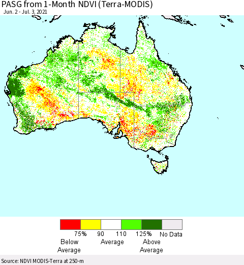 Australia PASG from 1-Month NDVI (Terra-MODIS) Thematic Map For 6/26/2021 - 7/3/2021