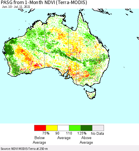 Australia PASG from 1-Month NDVI (Terra-MODIS) Thematic Map For 7/4/2021 - 7/11/2021