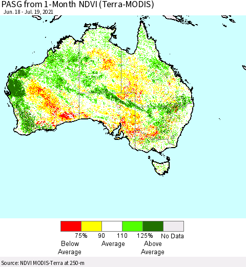 Australia PASG from 1-Month NDVI (Terra-MODIS) Thematic Map For 7/12/2021 - 7/19/2021