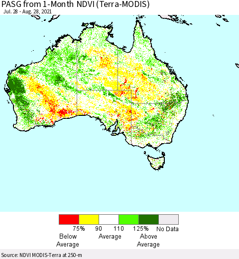 Australia PASG from 1-Month NDVI (Terra-MODIS) Thematic Map For 8/21/2021 - 8/28/2021