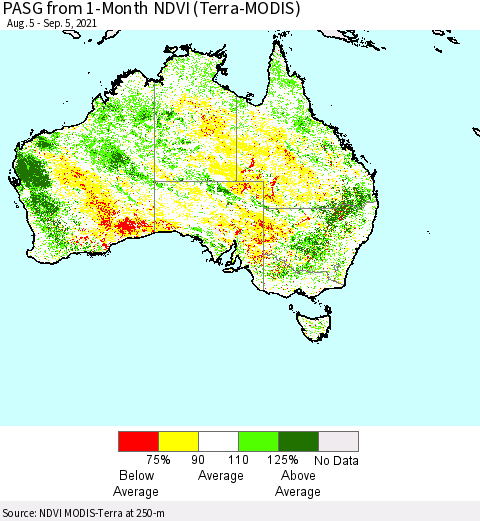 Australia PASG from 1-Month NDVI (Terra-MODIS) Thematic Map For 8/29/2021 - 9/5/2021