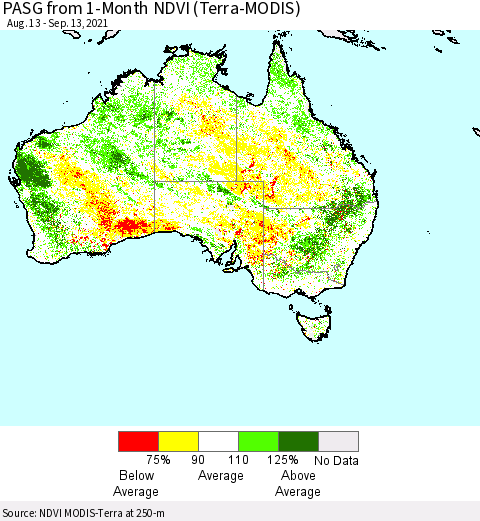 Australia PASG from 1-Month NDVI (Terra-MODIS) Thematic Map For 9/6/2021 - 9/13/2021
