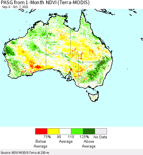 Australia PASG from 1-Month NDVI (Terra-MODIS) Thematic Map For 9/30/2021 - 10/7/2021