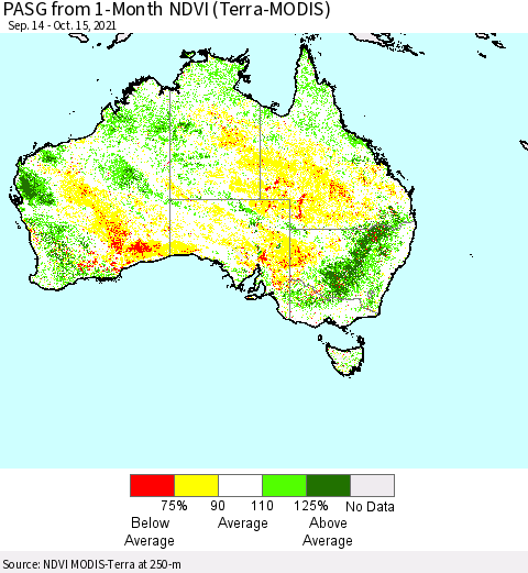 Australia PASG from 1-Month NDVI (Terra-MODIS) Thematic Map For 10/8/2021 - 10/15/2021