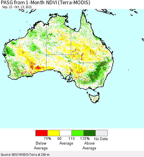 Australia PASG from 1-Month NDVI (Terra-MODIS) Thematic Map For 10/16/2021 - 10/23/2021