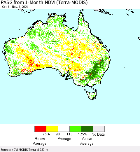Australia PASG from 1-Month NDVI (Terra-MODIS) Thematic Map For 11/1/2021 - 11/8/2021