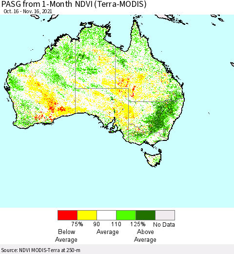 Australia PASG from 1-Month NDVI (Terra-MODIS) Thematic Map For 11/9/2021 - 11/16/2021