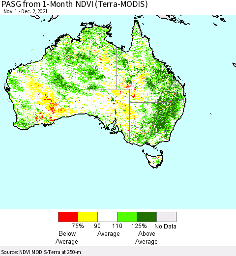 Australia PASG from 1-Month NDVI (Terra-MODIS) Thematic Map For 11/25/2021 - 12/2/2021
