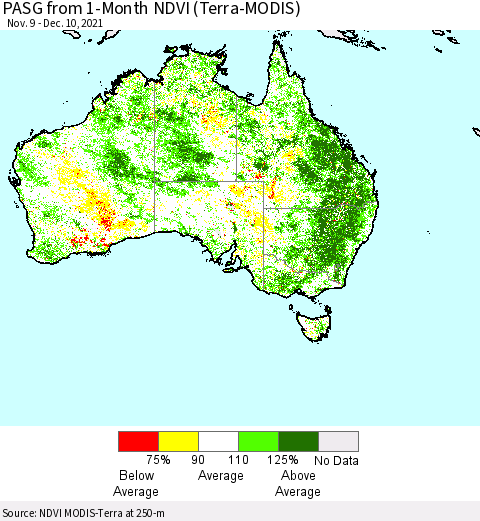 Australia PASG from 1-Month NDVI (Terra-MODIS) Thematic Map For 12/3/2021 - 12/10/2021