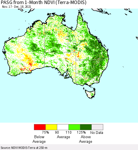 Australia PASG from 1-Month NDVI (Terra-MODIS) Thematic Map For 12/11/2021 - 12/18/2021