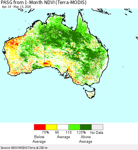 Australia PASG from 1-Month NDVI (Terra-MODIS) Thematic Map For 5/8/2024 - 5/15/2024