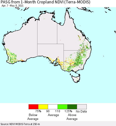 Australia PASG from 1-Month Cropland NDVI (Terra-MODIS) Thematic Map For 5/1/2021 - 5/8/2021