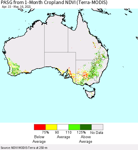 Australia PASG from 1-Month Cropland NDVI (Terra-MODIS) Thematic Map For 5/9/2021 - 5/16/2021