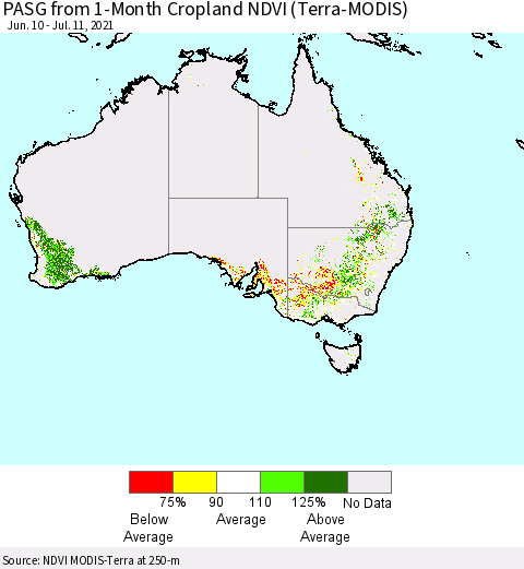 Australia PASG from 1-Month Cropland NDVI (Terra-MODIS) Thematic Map For 7/4/2021 - 7/11/2021