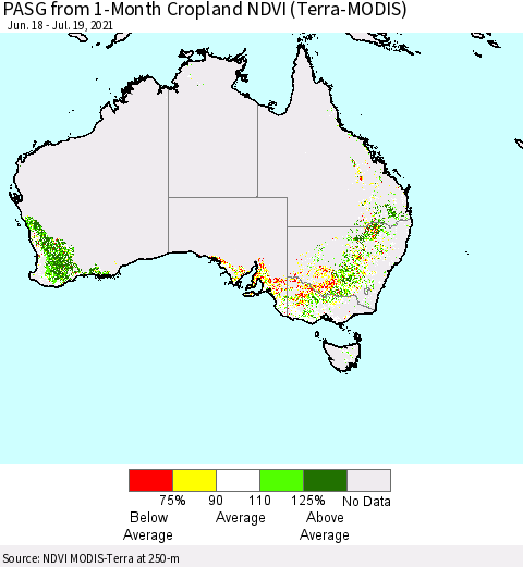 Australia PASG from 1-Month Cropland NDVI (Terra-MODIS) Thematic Map For 7/12/2021 - 7/19/2021