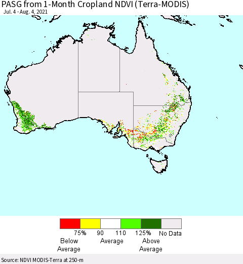 Australia PASG from 1-Month Cropland NDVI (Terra-MODIS) Thematic Map For 7/28/2021 - 8/4/2021
