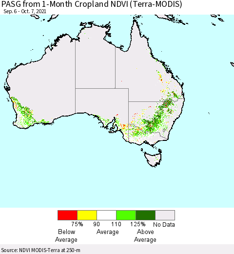 Australia PASG from 1-Month Cropland NDVI (Terra-MODIS) Thematic Map For 9/30/2021 - 10/7/2021