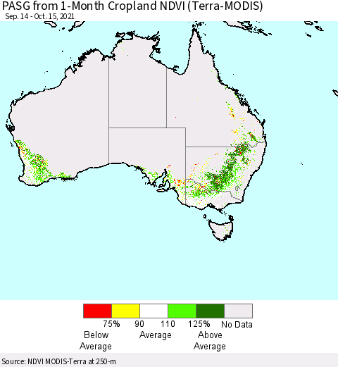 Australia PASG from 1-Month Cropland NDVI (Terra-MODIS) Thematic Map For 10/8/2021 - 10/15/2021