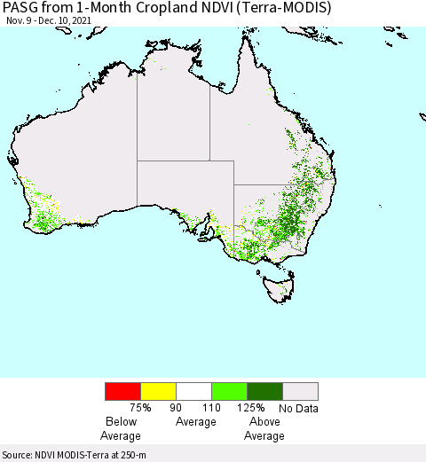 Australia PASG from 1-Month Cropland NDVI (Terra-MODIS) Thematic Map For 12/3/2021 - 12/10/2021