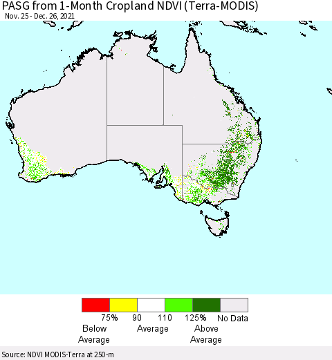 Australia PASG from 1-Month Cropland NDVI (Terra-MODIS) Thematic Map For 12/19/2021 - 12/26/2021
