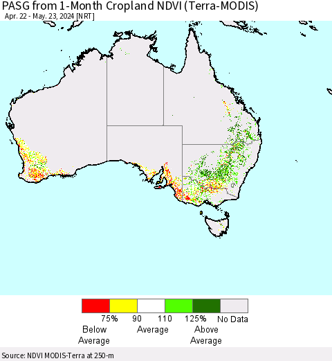Australia PASG from 1-Month Cropland NDVI (Terra-MODIS) Thematic Map For 5/16/2024 - 5/23/2024