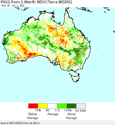 Australia PASG from 2-Month NDVI (Terra-MODIS) Thematic Map For 5/25/2021 - 6/1/2021