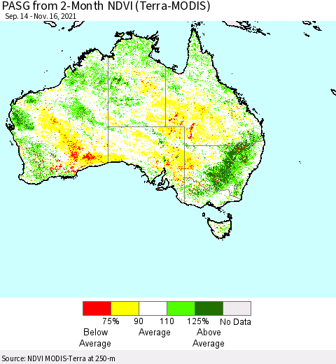 Australia PASG from 2-Month NDVI (Terra-MODIS) Thematic Map For 11/9/2021 - 11/16/2021