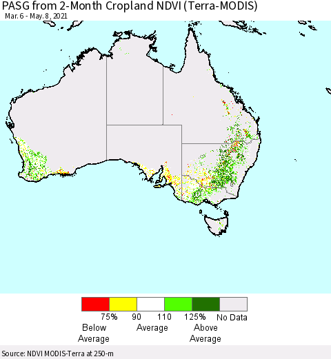 Australia PASG from 2-Month Cropland NDVI (Terra-MODIS) Thematic Map For 5/1/2021 - 5/8/2021