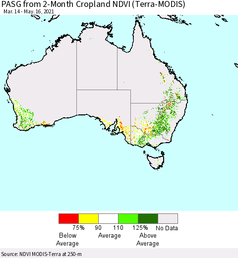 Australia PASG from 2-Month Cropland NDVI (Terra-MODIS) Thematic Map For 5/9/2021 - 5/16/2021
