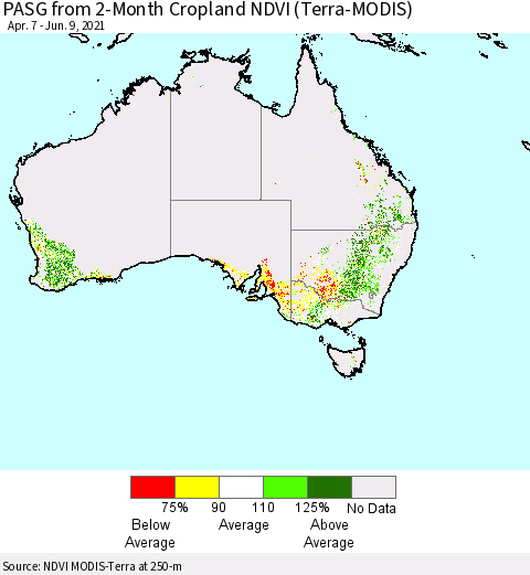 Australia PASG from 2-Month Cropland NDVI (Terra-MODIS) Thematic Map For 6/2/2021 - 6/9/2021