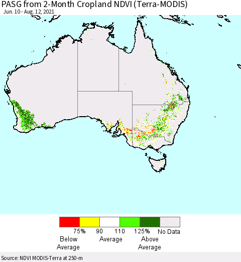 Australia PASG from 2-Month Cropland NDVI (Terra-MODIS) Thematic Map For 8/5/2021 - 8/12/2021