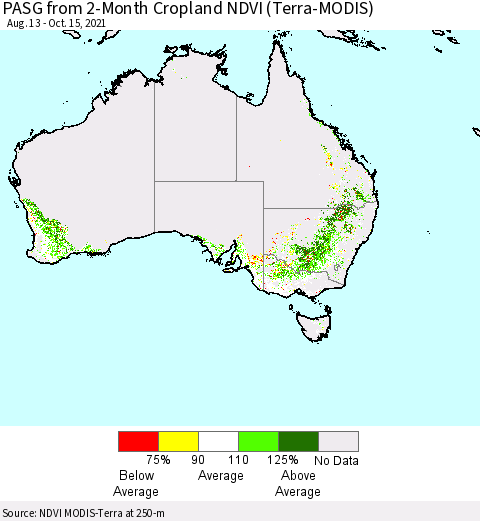Australia PASG from 2-Month Cropland NDVI (Terra-MODIS) Thematic Map For 10/8/2021 - 10/15/2021